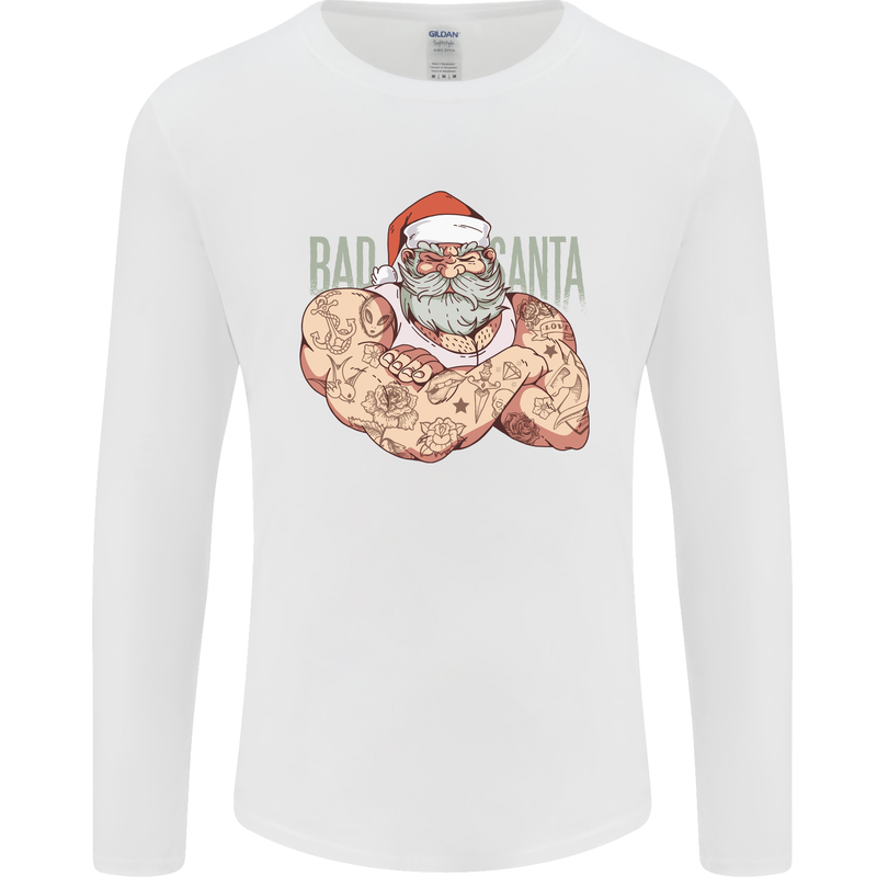 Bad Santa Christmas Tattoo Xmas Biker Gym Mens Long Sleeve T-Shirt White