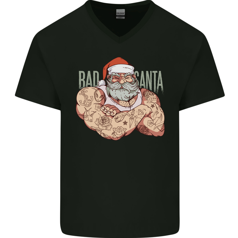 Bad Santa Christmas Tattoo Xmas Biker Gym Mens V-Neck Cotton T-Shirt Black