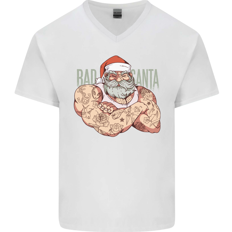 Bad Santa Christmas Tattoo Xmas Biker Gym Mens V-Neck Cotton T-Shirt White