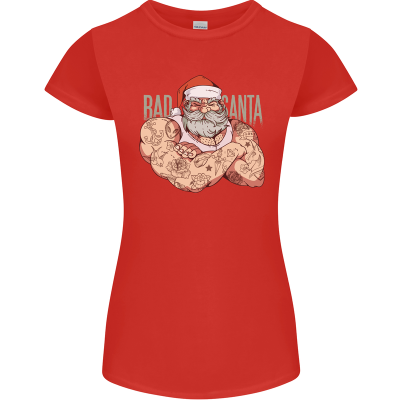 Bad Santa Christmas Tattoo Xmas Biker Gym Womens Petite Cut T-Shirt Red