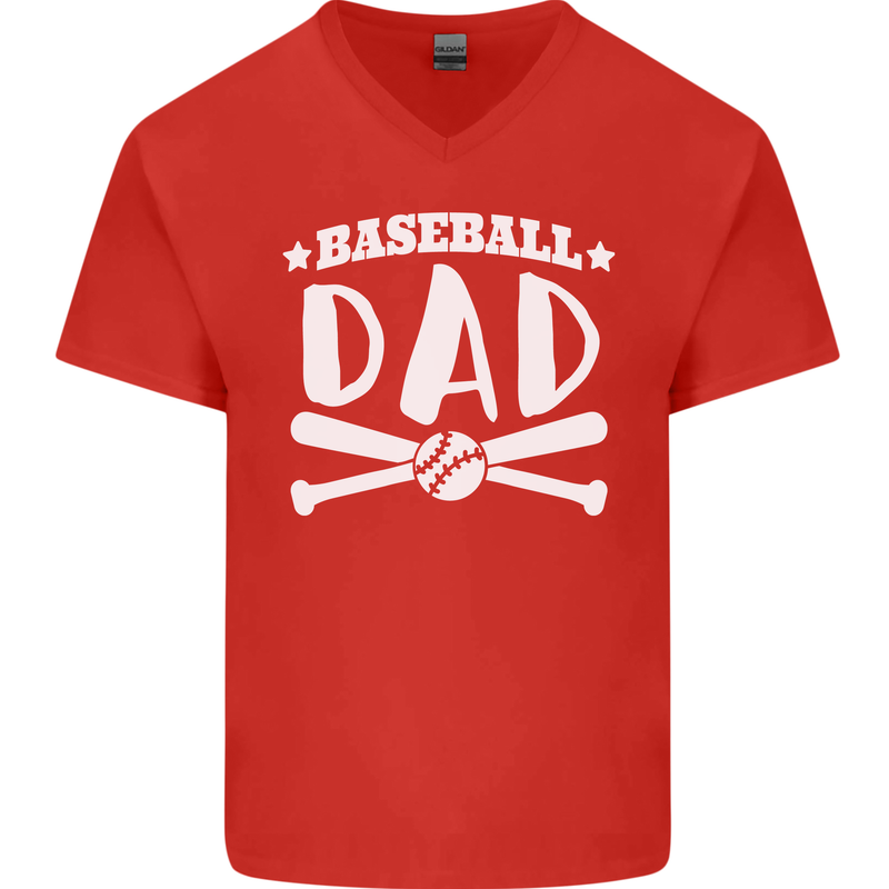 Baseball Dad Funny Fathers Day Mens V-Neck Cotton T-Shirt Red