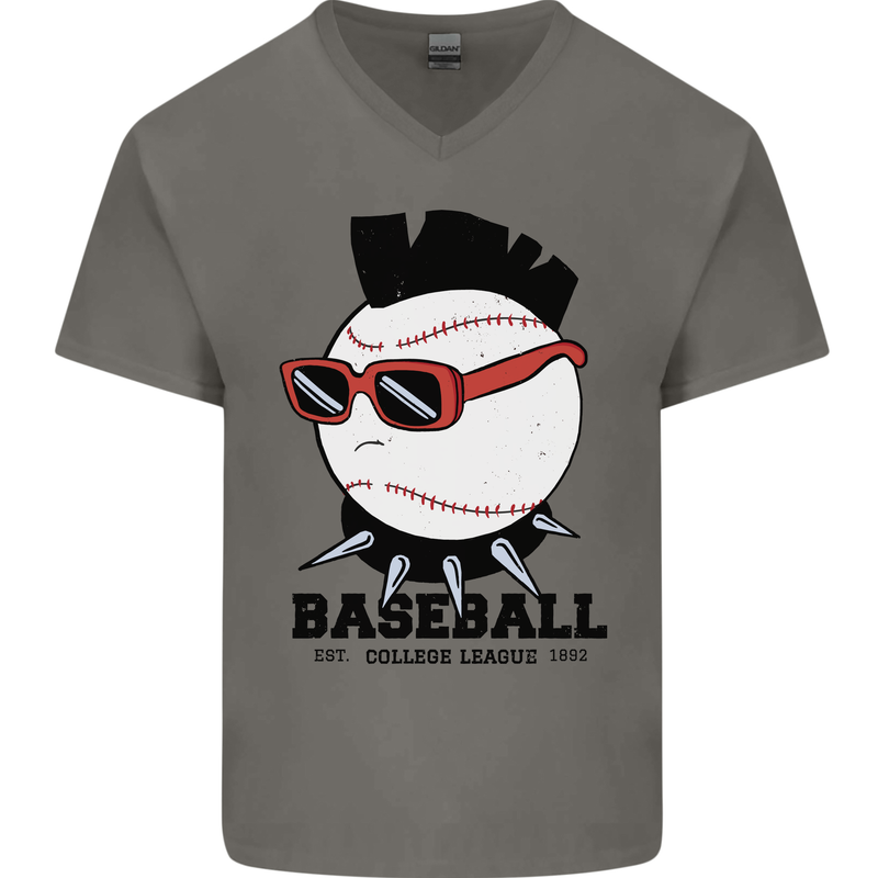 Baseball Punk Rocker Mens V-Neck Cotton T-Shirt Charcoal