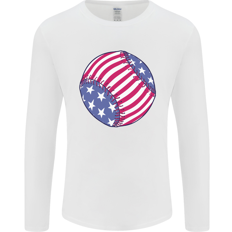 Baseball USA Stars and Stripes American Flag Mens Long Sleeve T-Shirt White