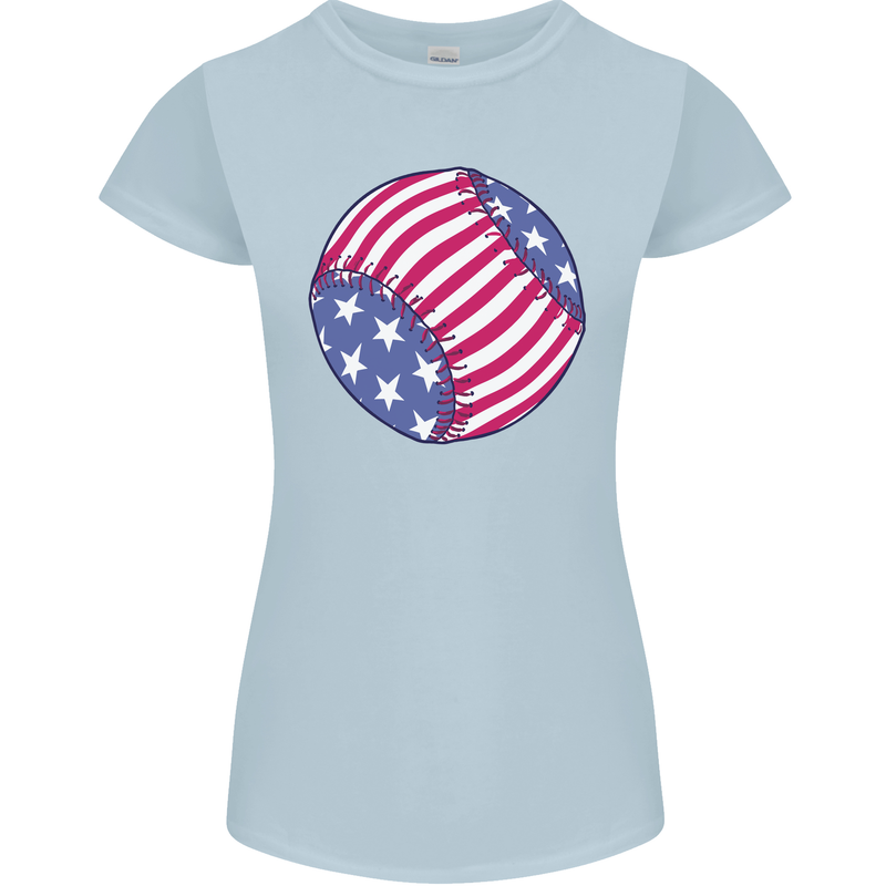Baseball USA Stars and Stripes American Flag Womens Petite Cut T-Shirt Light Blue