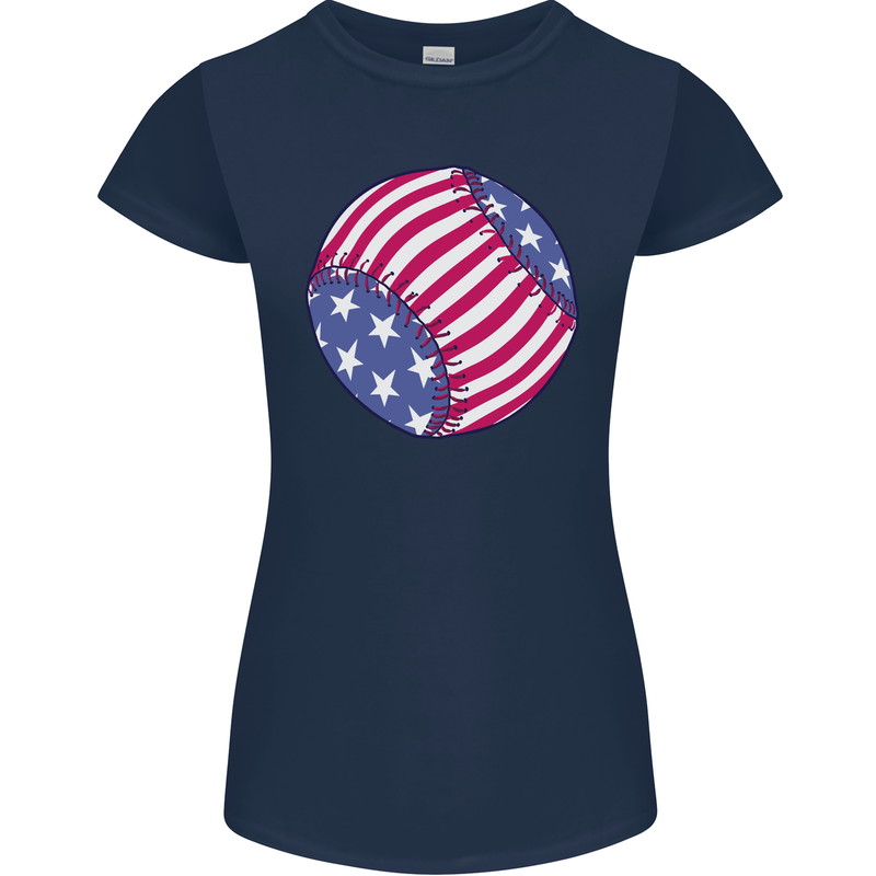 Baseball USA Stars and Stripes American Flag Womens Petite Cut T-Shirt Navy Blue