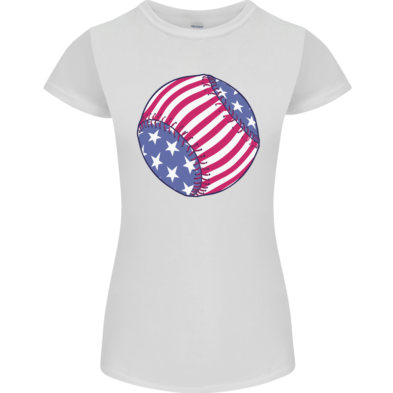 Baseball USA Stars and Stripes American Flag Womens Petite Cut T-Shirt White