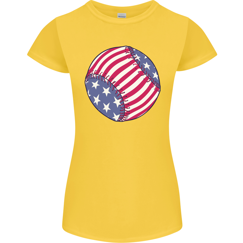 Baseball USA Stars and Stripes American Flag Womens Petite Cut T-Shirt Yellow