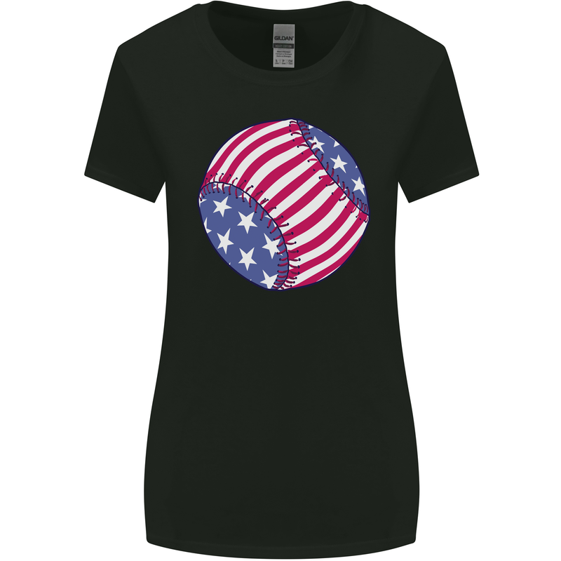 Baseball USA Stars and Stripes American Flag Womens Wider Cut T-Shirt Black