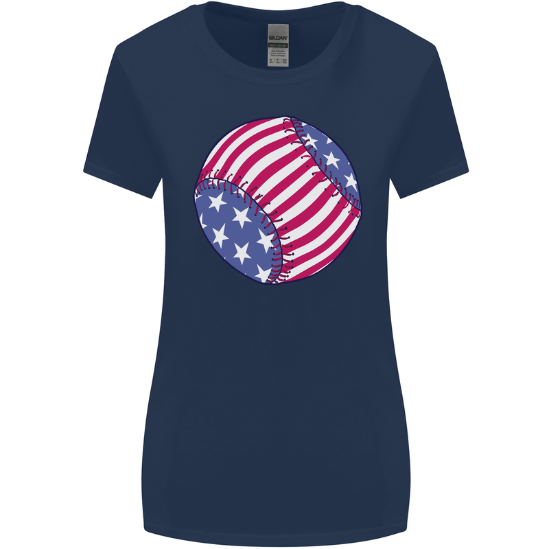 Baseball USA Stars and Stripes American Flag Womens Wider Cut T-Shirt Navy Blue