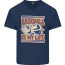 Baseball is My Life Mens V-Neck Cotton T-Shirt Navy Blue