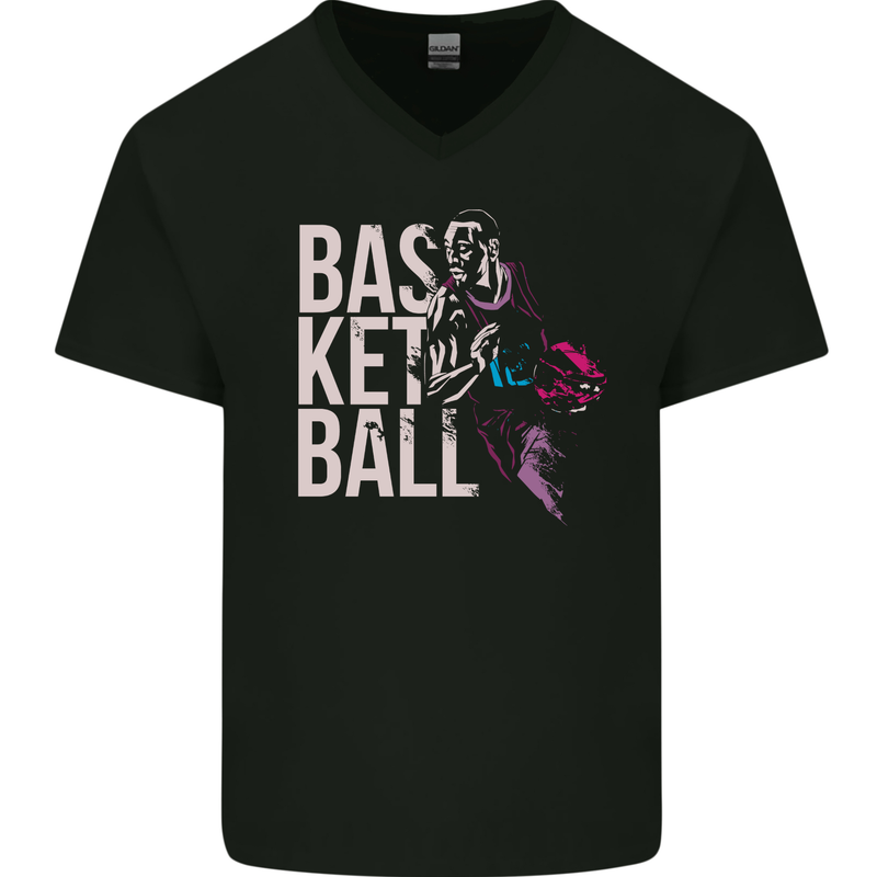 Basketball Player Mens V-Neck Cotton T-Shirt Black