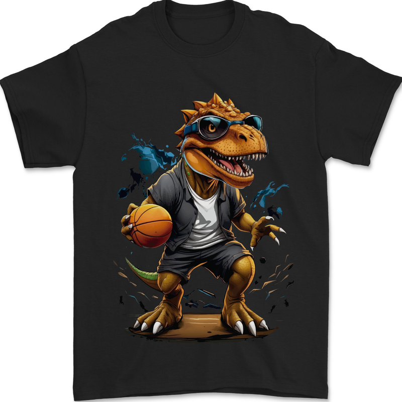 Basketball T-Rex Dinosaur Mens T-Shirt 100% Cotton Black
