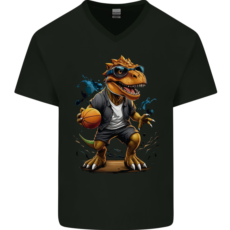 Basketball T-Rex Dinosaur Mens V-Neck Cotton T-Shirt Black