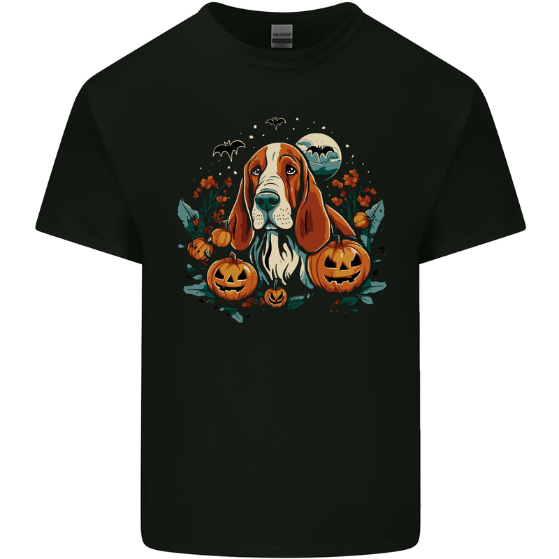 Basset Dog With Pumpkins Halloween Mens Cotton T-Shirt Tee Top Black