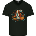 Basset Dog With Pumpkins Halloween Mens V-Neck Cotton T-Shirt Black