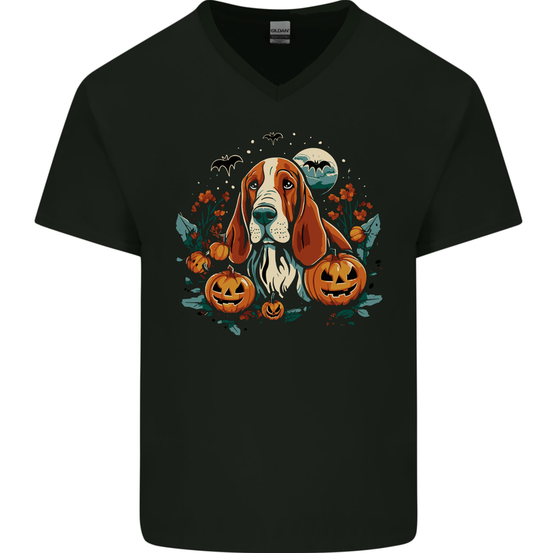 Basset Dog With Pumpkins Halloween Mens V-Neck Cotton T-Shirt Black