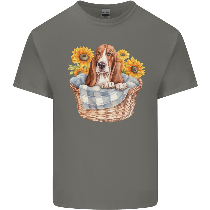 Basset Hound Dog in His Basket Kids T-Shirt Childrens Charcoal