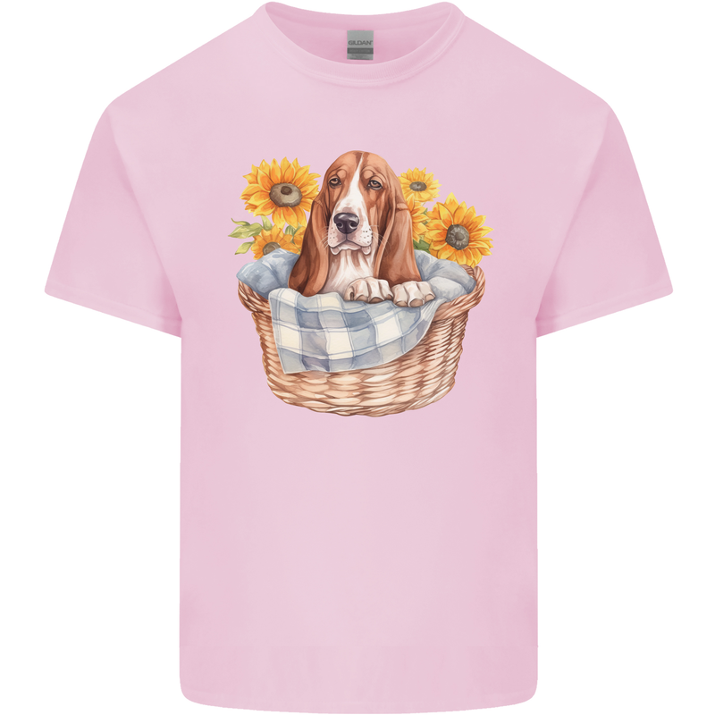Basset Hound Dog in His Basket Kids T-Shirt Childrens Light Pink