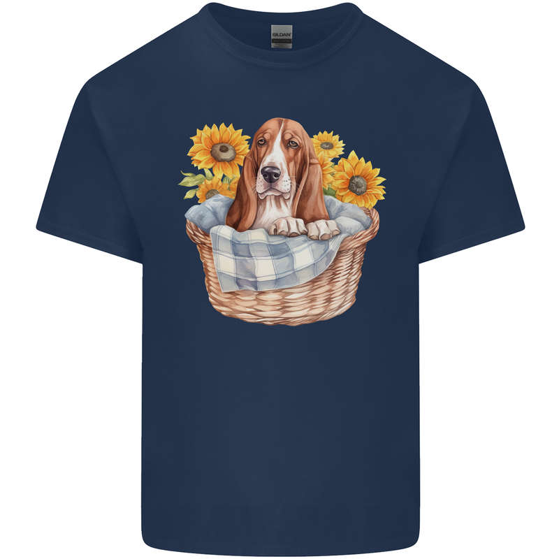 Basset Hound Dog in His Basket Kids T-Shirt Childrens Navy Blue