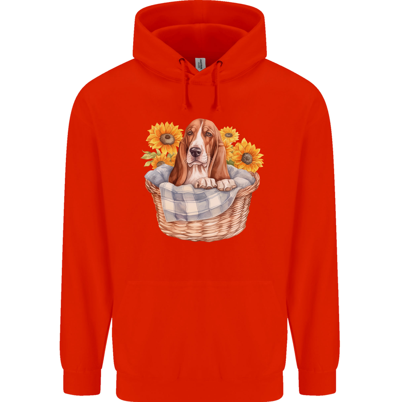 Basset Hound Dog in His Basket Mens 80% Cotton Hoodie Bright Red