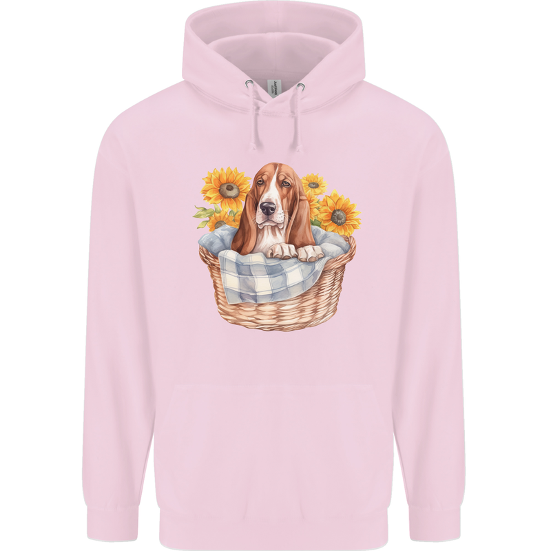 Basset Hound Dog in His Basket Mens 80% Cotton Hoodie Light Pink