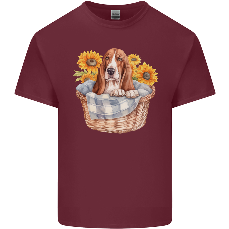Basset Hound Dog in His Basket Mens Cotton T-Shirt Tee Top Maroon