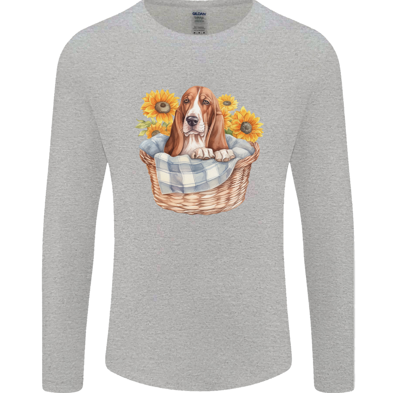 Basset Hound Dog in His Basket Mens Long Sleeve T-Shirt Sports Grey