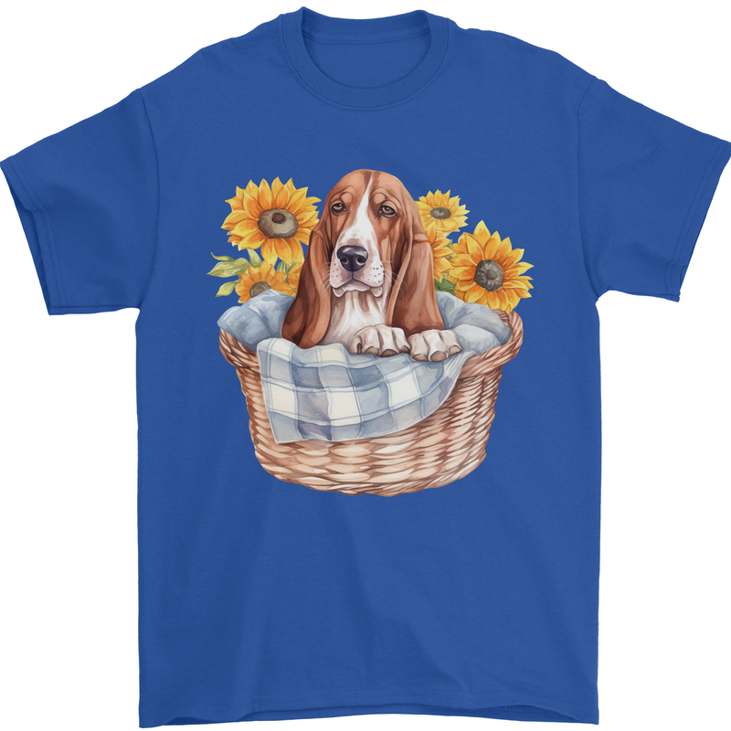 Basset Hound Dog in His Basket Mens T-Shirt 100% Cotton Royal Blue