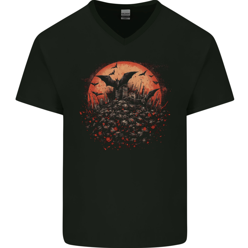 Bat Apocalypse Red Moon Halloween Mens V-Neck Cotton T-Shirt Black