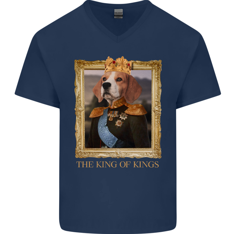 Beagle King Funny Dog Mens V-Neck Cotton T-Shirt Navy Blue