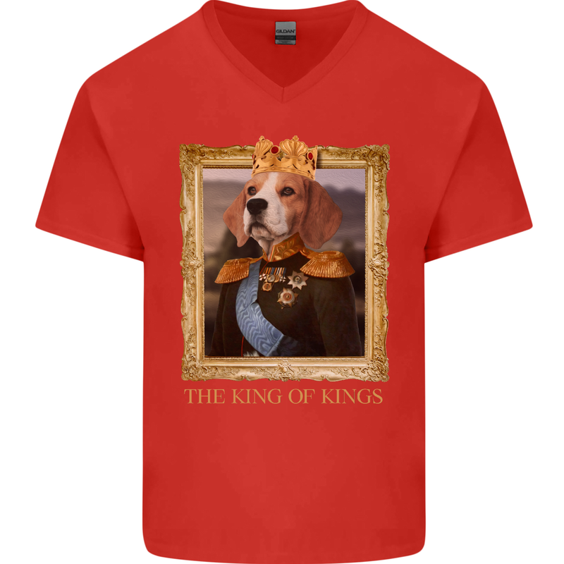 Beagle King Funny Dog Mens V-Neck Cotton T-Shirt Red