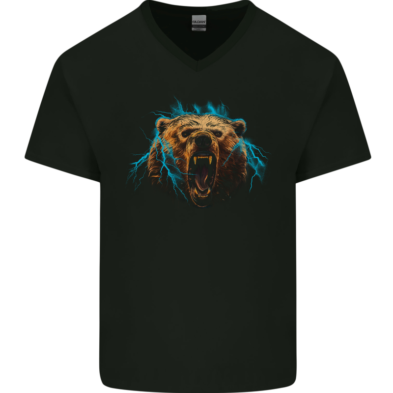 Bear Lightening Bolt Mens V-Neck Cotton T-Shirt Black