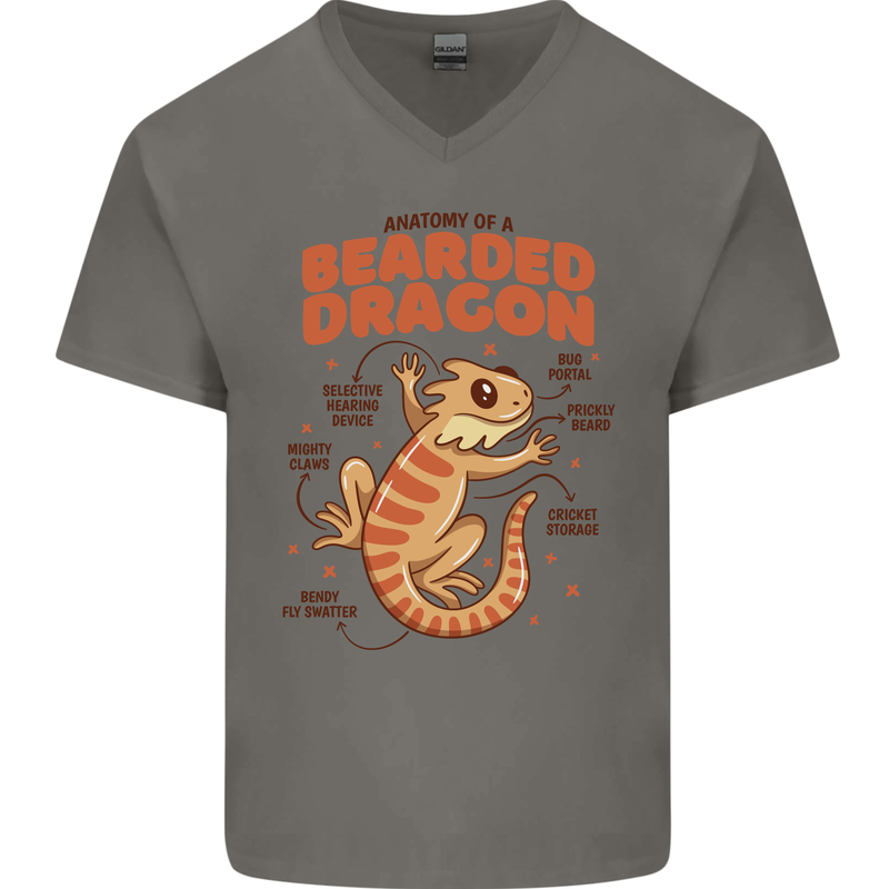 Bearded Dragon Anatomy Lizards, Reptiles, Mens V-Neck Cotton T-Shirt Charcoal