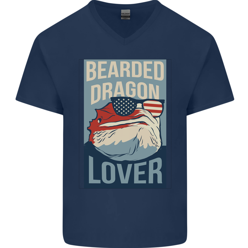 Bearded Dragon Lover USA America Mens V-Neck Cotton T-Shirt Navy Blue