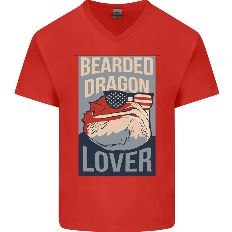 Bearded Dragon Lover USA America Mens V-Neck Cotton T-Shirt Red