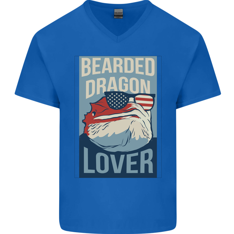 Bearded Dragon Lover USA America Mens V-Neck Cotton T-Shirt Royal Blue
