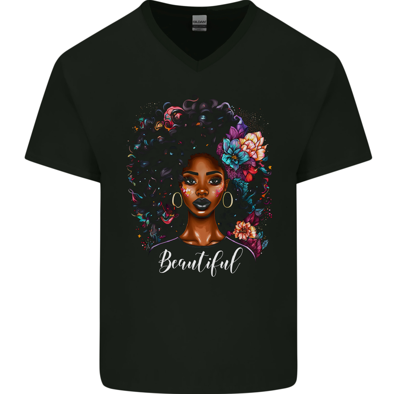 Beautiful African Black Woman Mens V-Neck Cotton T-Shirt Black