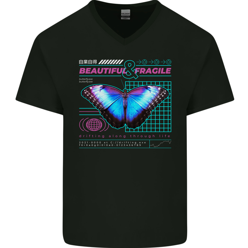 Beautiful & Fragile Butterfly Graphic Mens V-Neck Cotton T-Shirt Black