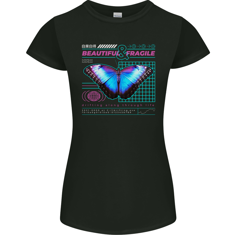 Beautiful & Fragile Butterfly Graphic Womens Petite Cut T-Shirt Black