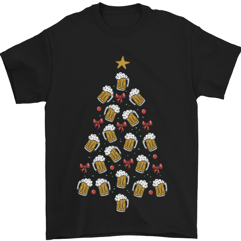a black t - shirt with a christmas tree made out of beer mugs