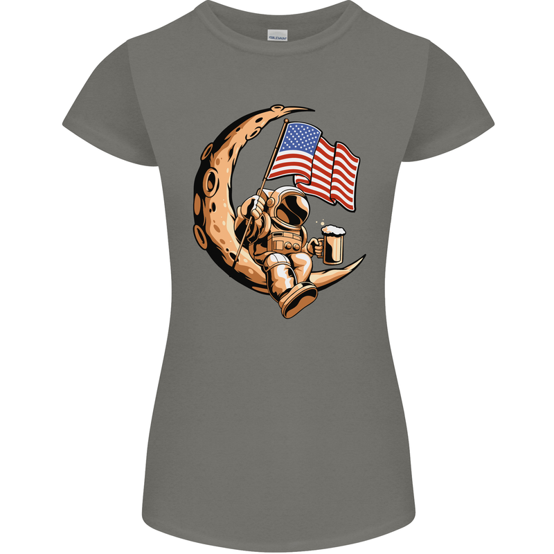 Beer Moon USA Flag Astronaut Space Alcohol Womens Petite Cut T-Shirt