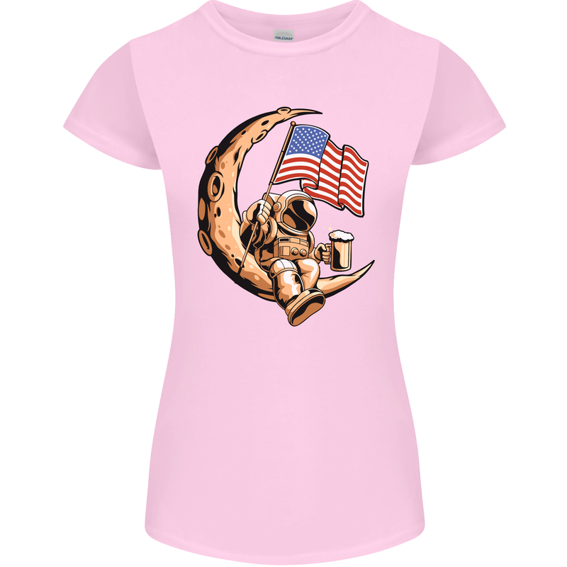 Beer Moon USA Flag Astronaut Space Alcohol Womens Petite Cut T-Shirt