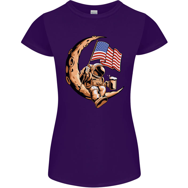 Beer Moon USA Flag Astronaut Space Alcohol Womens Petite Cut T-Shirt