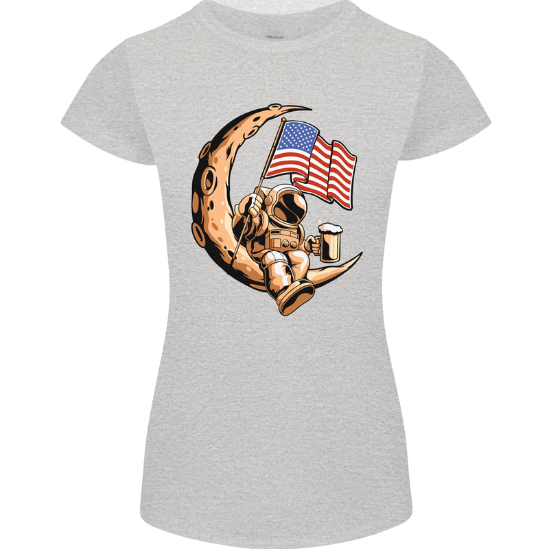 Beer Moon USA Flag Astronaut Space Alcohol Womens Petite Cut T-Shirt