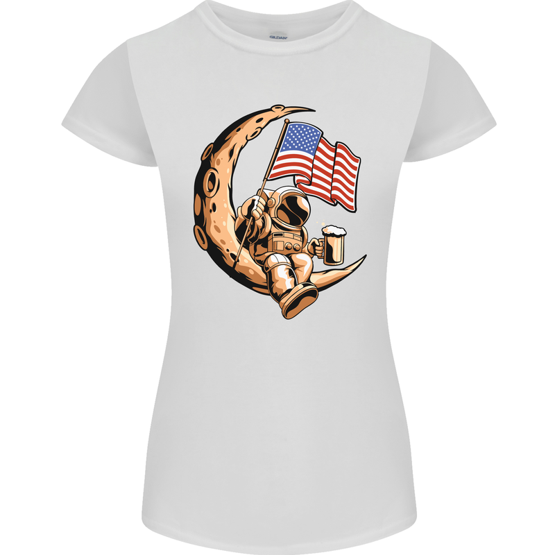 Beer Moon USA Flag Astronaut Space Alcohol Womens Petite Cut T-Shirt