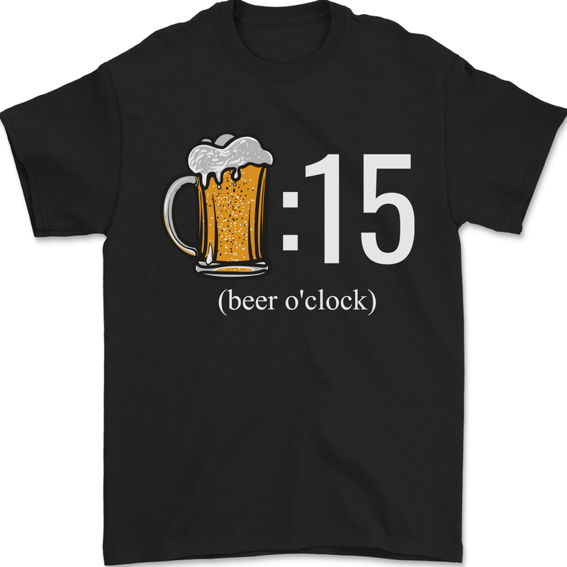 a black t - shirt with the number fifteen and a mug of beer
