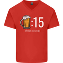 Beer O'Clock Funny Alcohol Mens V-Neck Cotton T-Shirt Red