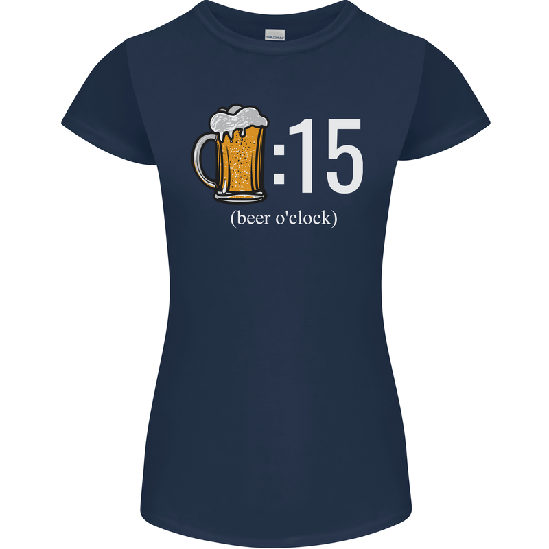 Beer O'Clock Funny Alcohol Womens Petite Cut T-Shirt Navy Blue