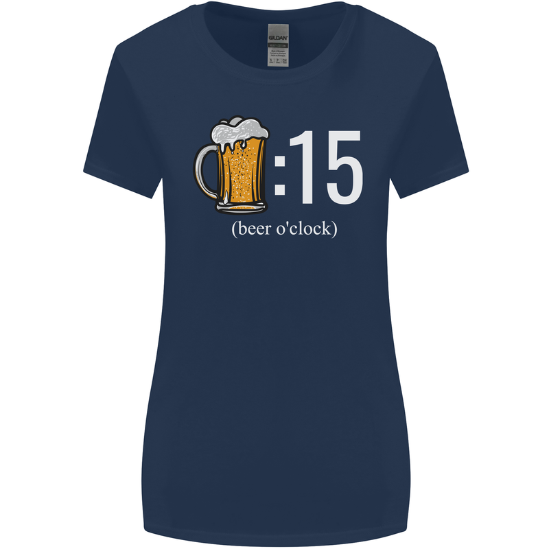 Beer O'Clock Funny Alcohol Womens Wider Cut T-Shirt Navy Blue