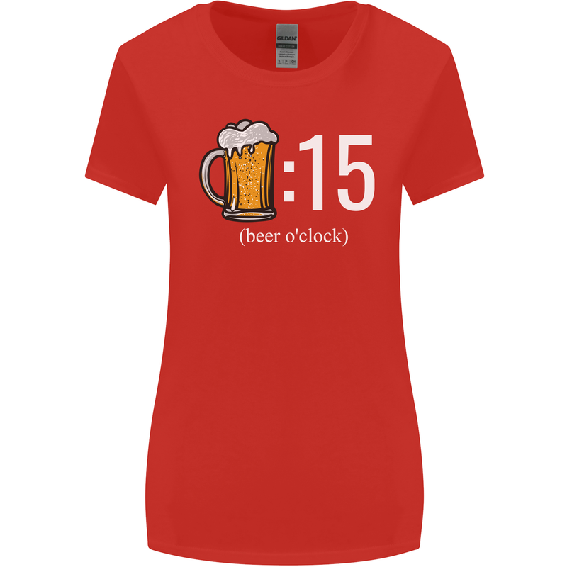 Beer O'Clock Funny Alcohol Womens Wider Cut T-Shirt Red